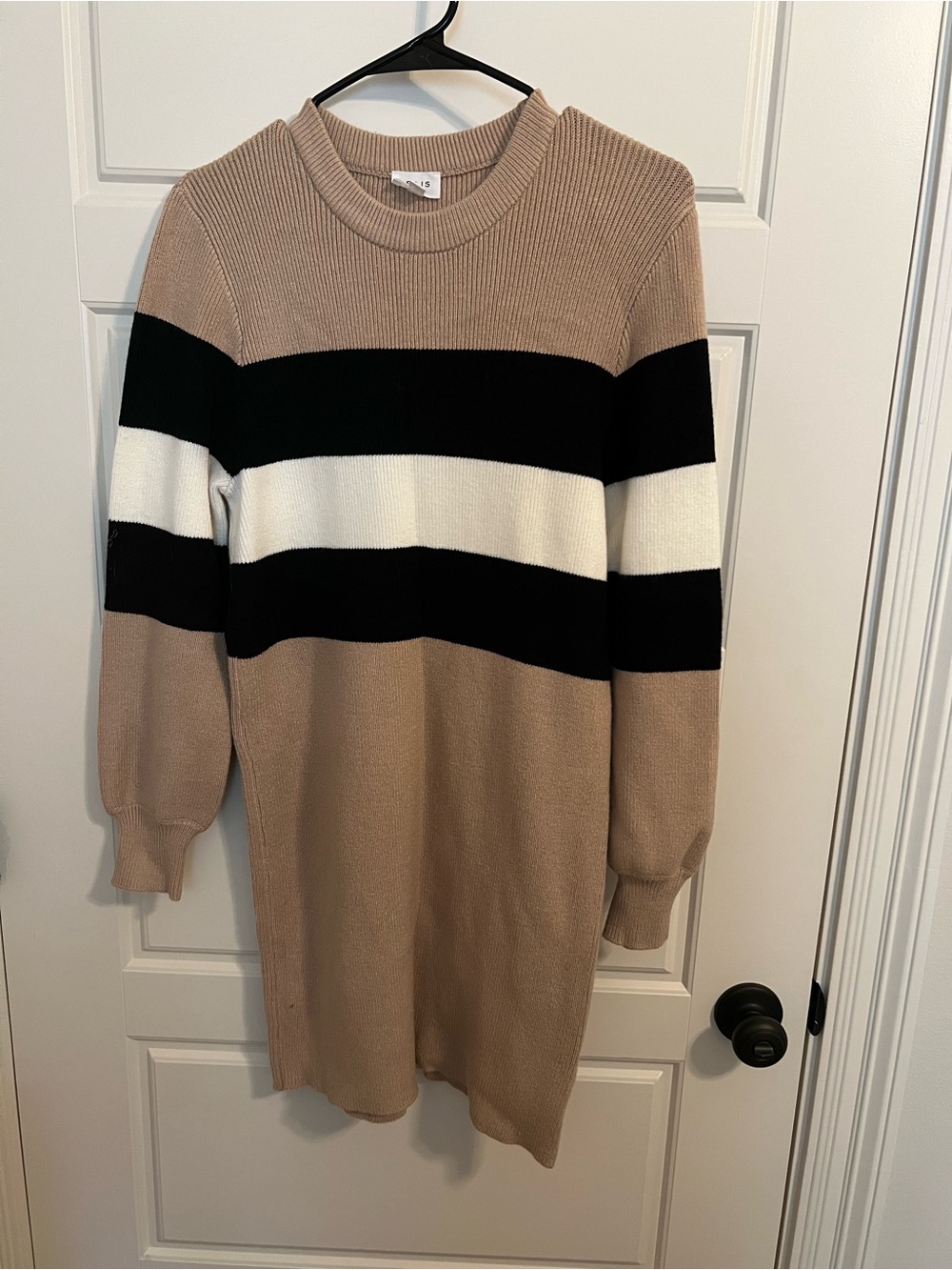 Striped Long Sleeve Sweater Dress - Beige/Black/White